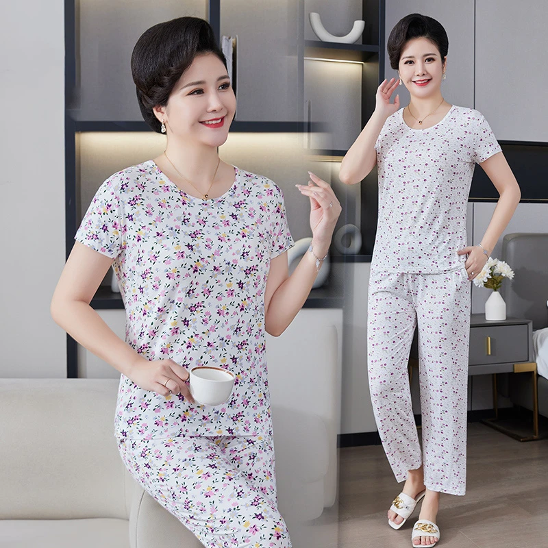 中老年人莫代尔女士宽松大码夏季薄款睡衣可外穿半袖背心九分裤