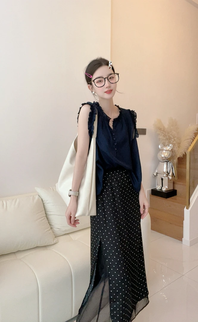 【小乔定制】2025夏季新款高腰复古中长款波点设计感百搭双层半身裙