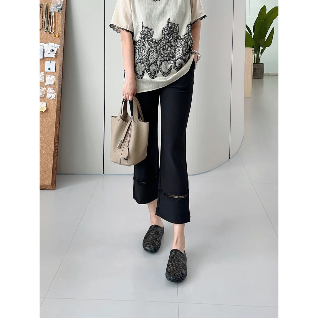 微胖女装【裸感小黑裤】夏季九分裤松紧腰休闲裤拼接裤脚微喇裤9122