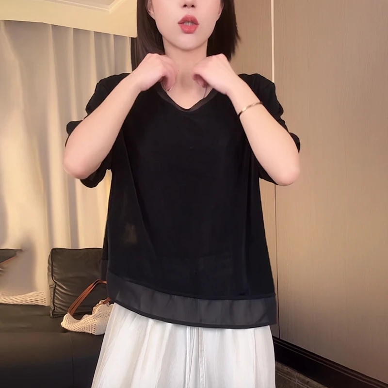 黑色设计感醋酸短袖t恤女2025夏季新款时尚减龄宽松显瘦网纱上衣