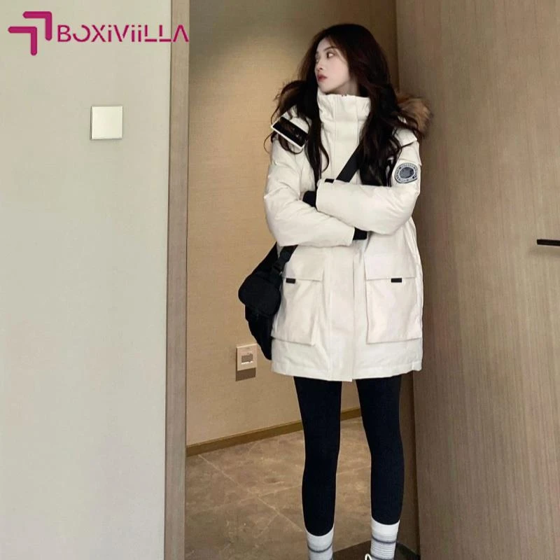 Boxiviilla工装羽绒服女款冬季中长版连帽毛领2025年新款时尚洋派