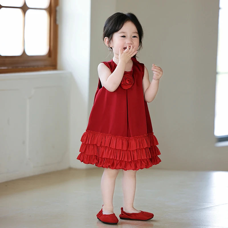 周岁女宝宝礼服夏装2025新款高端无袖红色小女孩生日女小童公主裙