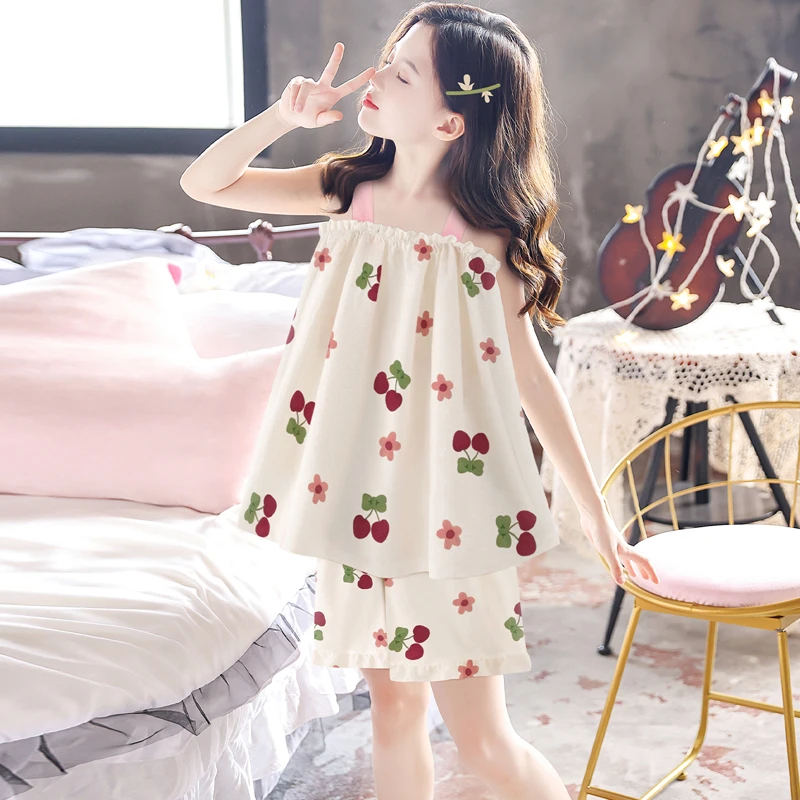 女童新款纯棉无袖公主风睡衣吊带家居服套装母女亲子装可外穿