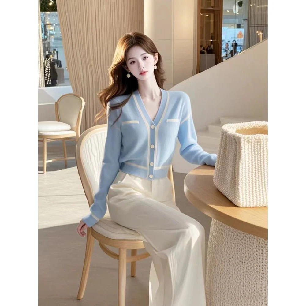 秋季穿搭一整套独特绝美高级感气质法式蓝色针织上衣裤子套装女
