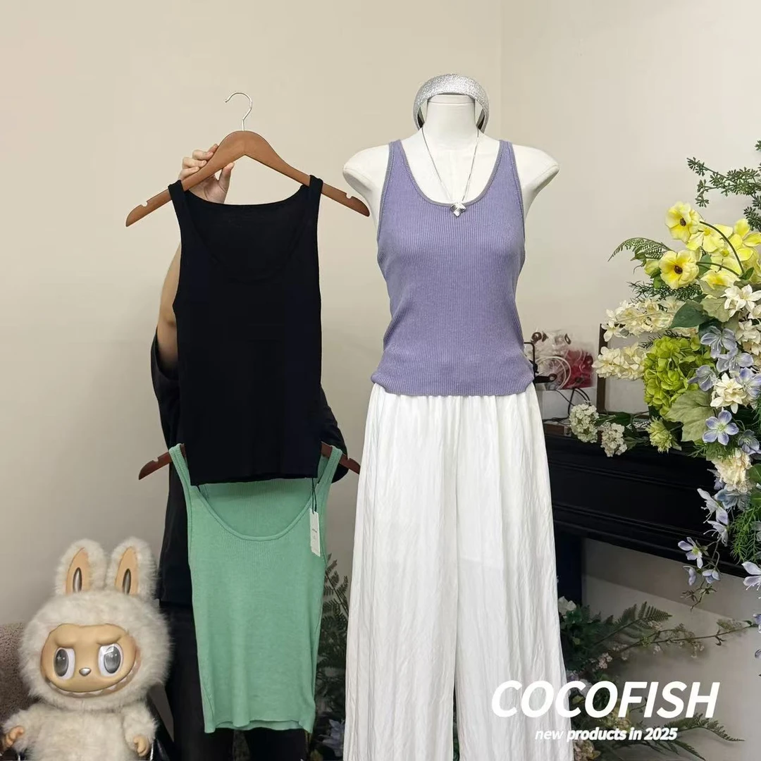 薄款U领坑条针织显瘦纯色背心#E6017