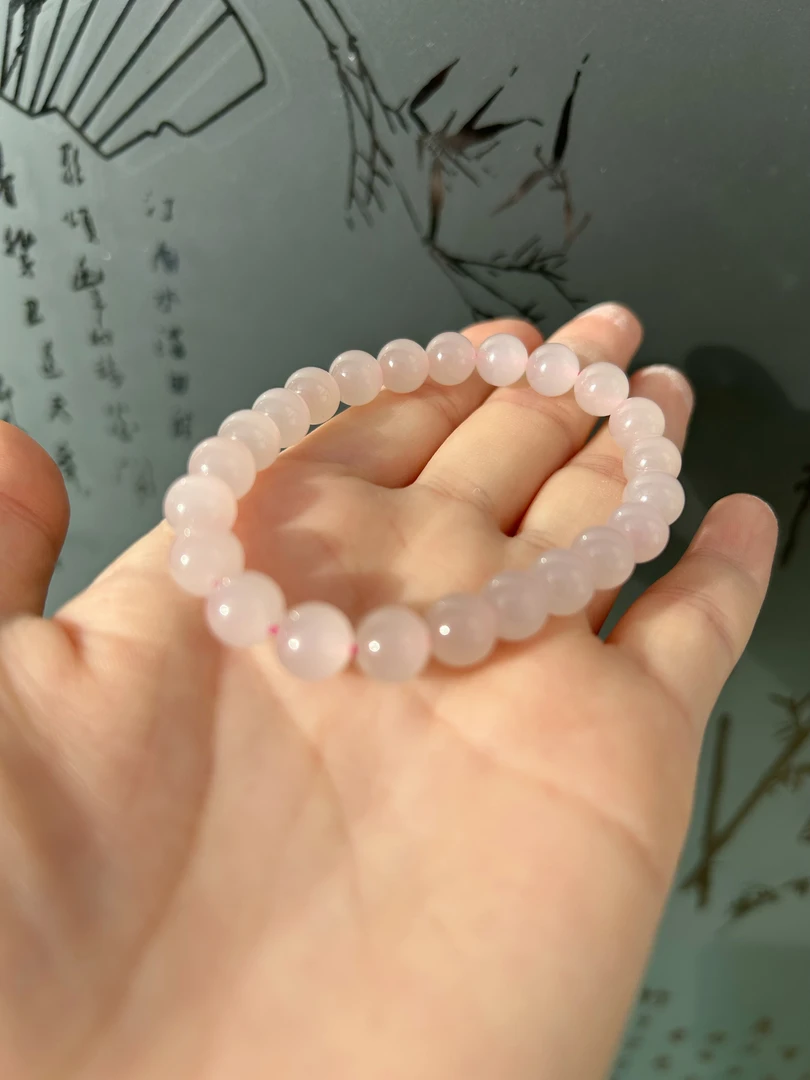 和田玉藕粉老料起冰胶猫眼单圈约8mm手串全荧光结构完美高货精品