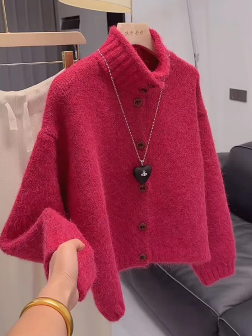 玫红色半高领软糯毛衣开衫外套女秋冬2025年新款温柔风加厚针织衫