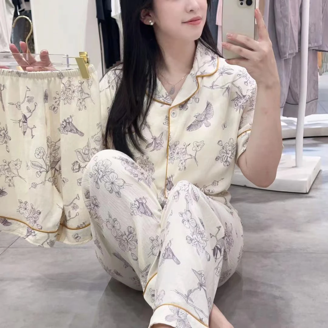 【花语】夏季新款花鸟印花带杯垫短袖三件套甜美减龄透气女套装960