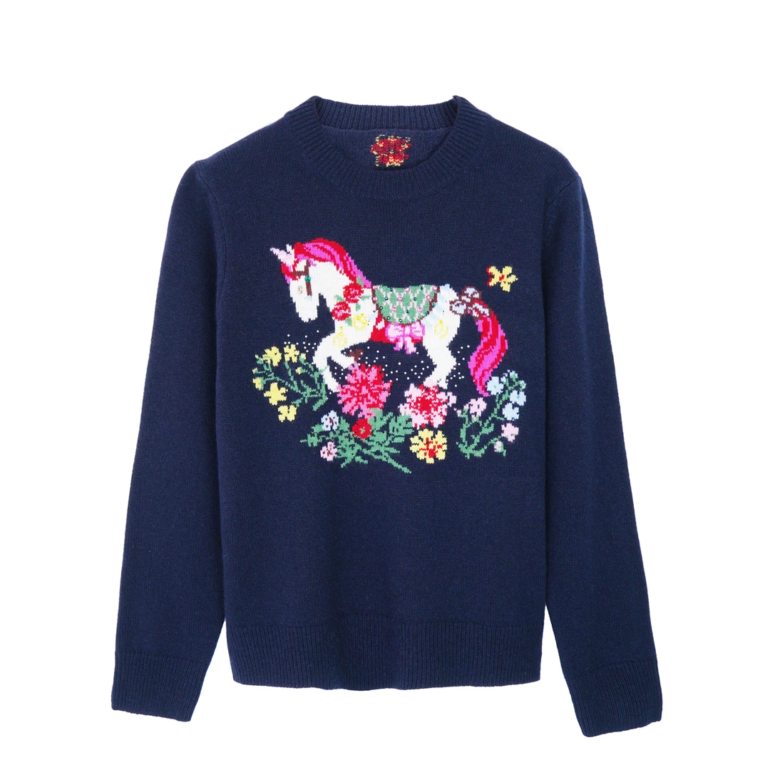 【六丑】新款时尚百搭气质显瘦彩色小马刺绣针织衫601ZZS0176