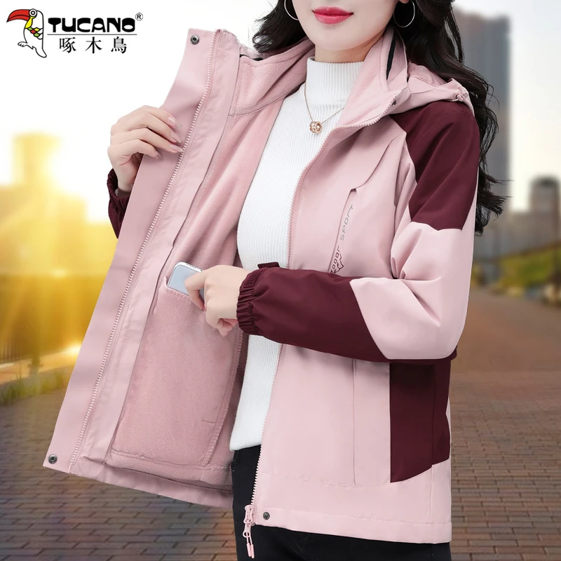 啄木鸟时尚百搭三合一可拆卸外套女士秋冬季新款防风加绒加厚上衣