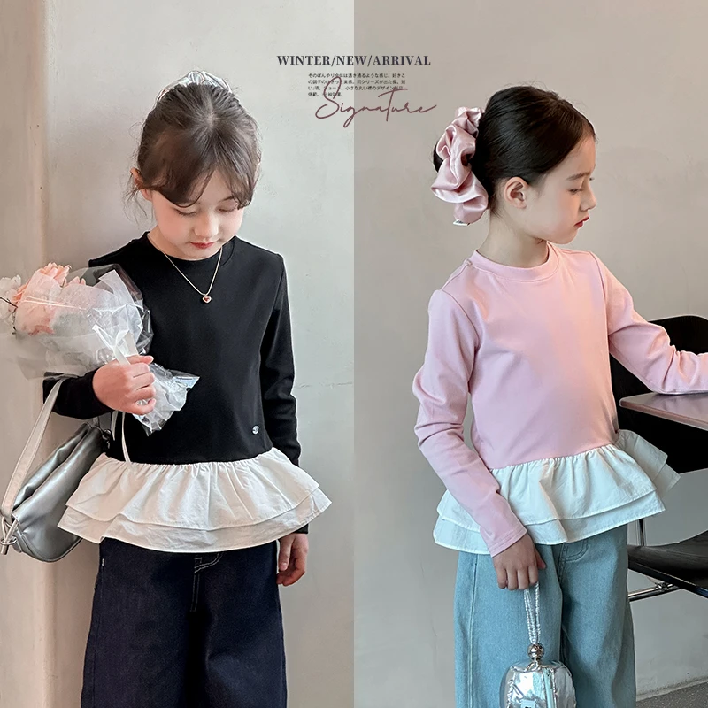 女童长袖T恤2025韩系洋气春装儿童新款荷叶边上衣女孩甜美打底衫