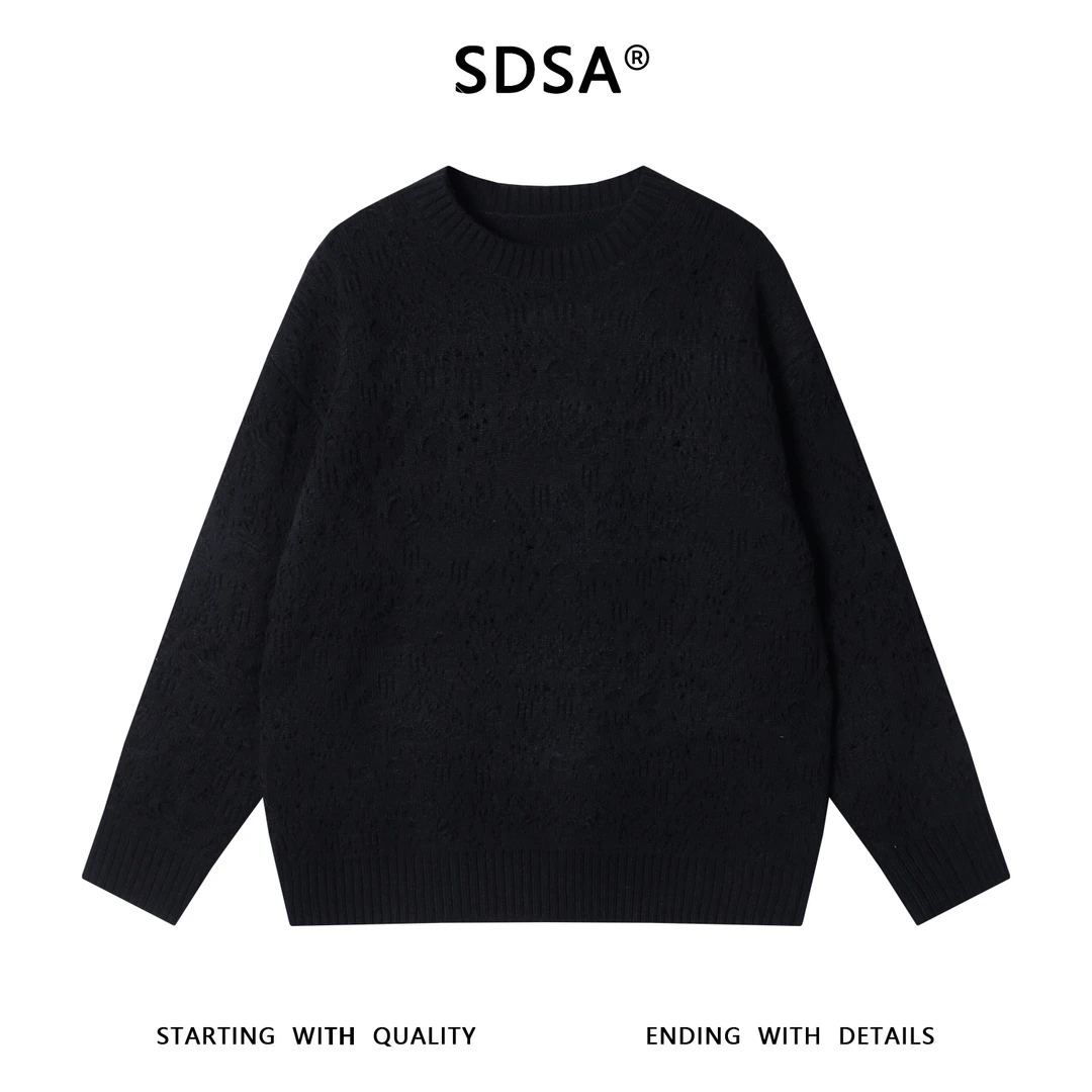 SDSA男士秋冬新款痞帅男装潮牌简约纯色勾破圆领毛衣慵懒风针织衫