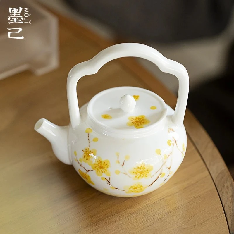 墨己手绘梅花中式提梁壶高档女士茶具泡茶壶家用会客陶瓷茶壶单壶