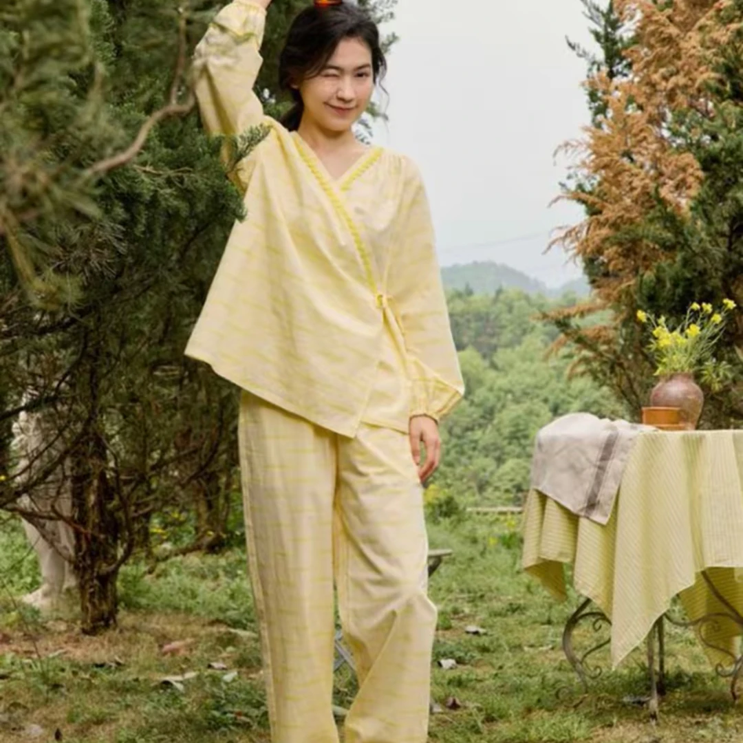 朵朵可可25女士秋冬对开套头梭织V领斜襟长袖家居服套装睡衣薄款