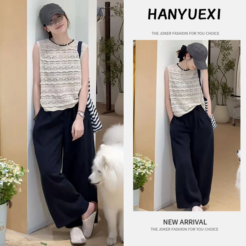 今年流行穿搭一整套2025新款镂空花纹设计减龄上衣休闲阔腿裤套装