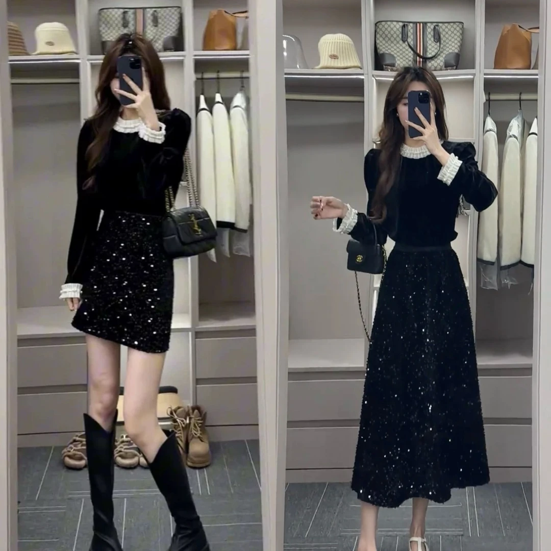 黑色上衣亮片包臀短裙子秋冬小香风两件套装2025新款丝绒打底衫女