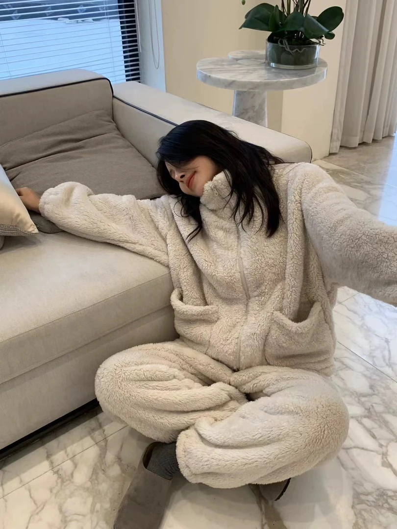 热带岛屿！加绒加厚男女同款拉链家居服法兰绒保暖睡衣套装