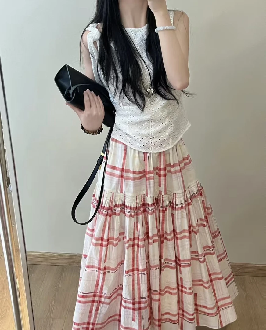 中长款夏季套装A字裙格子半裙高腰INS风格纹半身裙