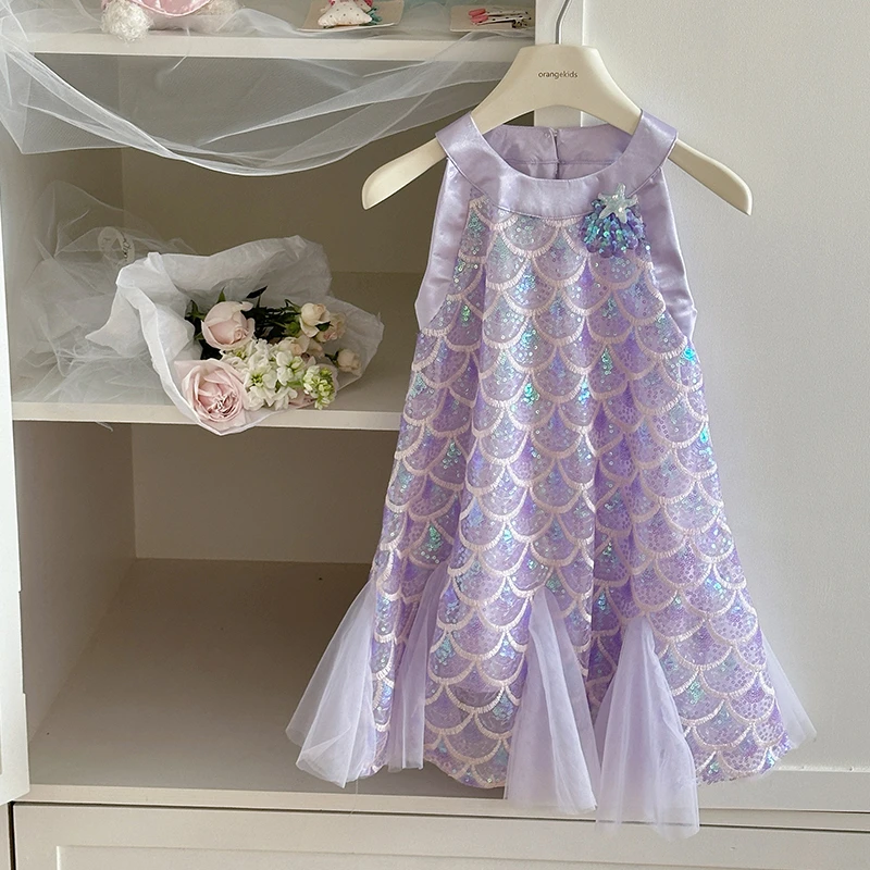 【橘子家】女童夏款亮片美人鱼连衣裙女宝宝挂脖洋气礼服HS62258