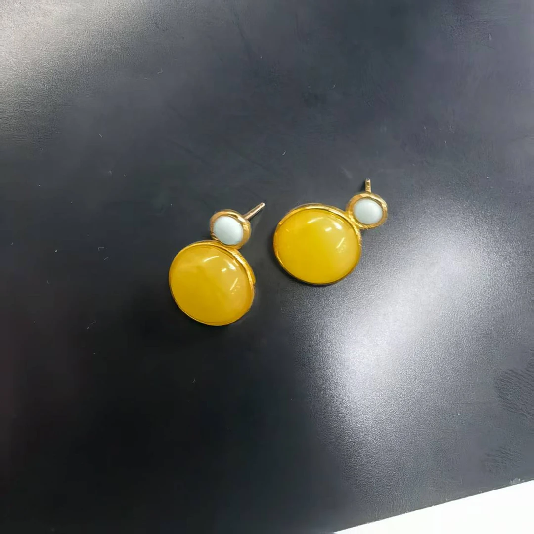 天然蜜蜡圆形蛋面耳钉S925银