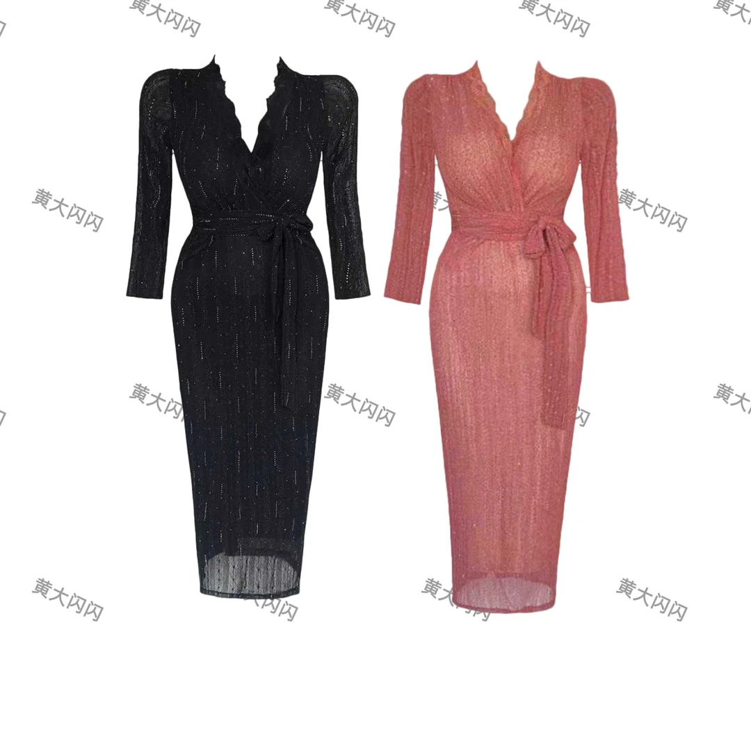 【HDSS】（黄皮天菜）随拍纯欲长款蕾丝显瘦长袖修身连衣裙ZZF3231