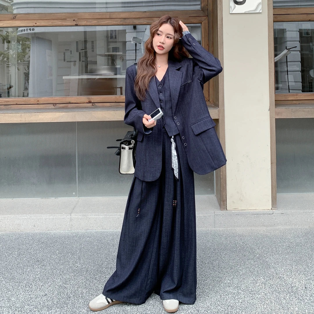 气质通勤轻熟风西装套装女2025年春秋新款高级感马甲阔腿裤三件套