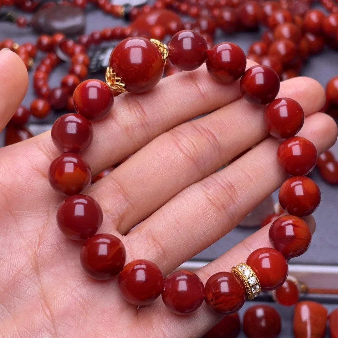 南红玛瑙未镶嵌其他天然原矿）收藏11mm瓦西玫锦圆珠diy手串