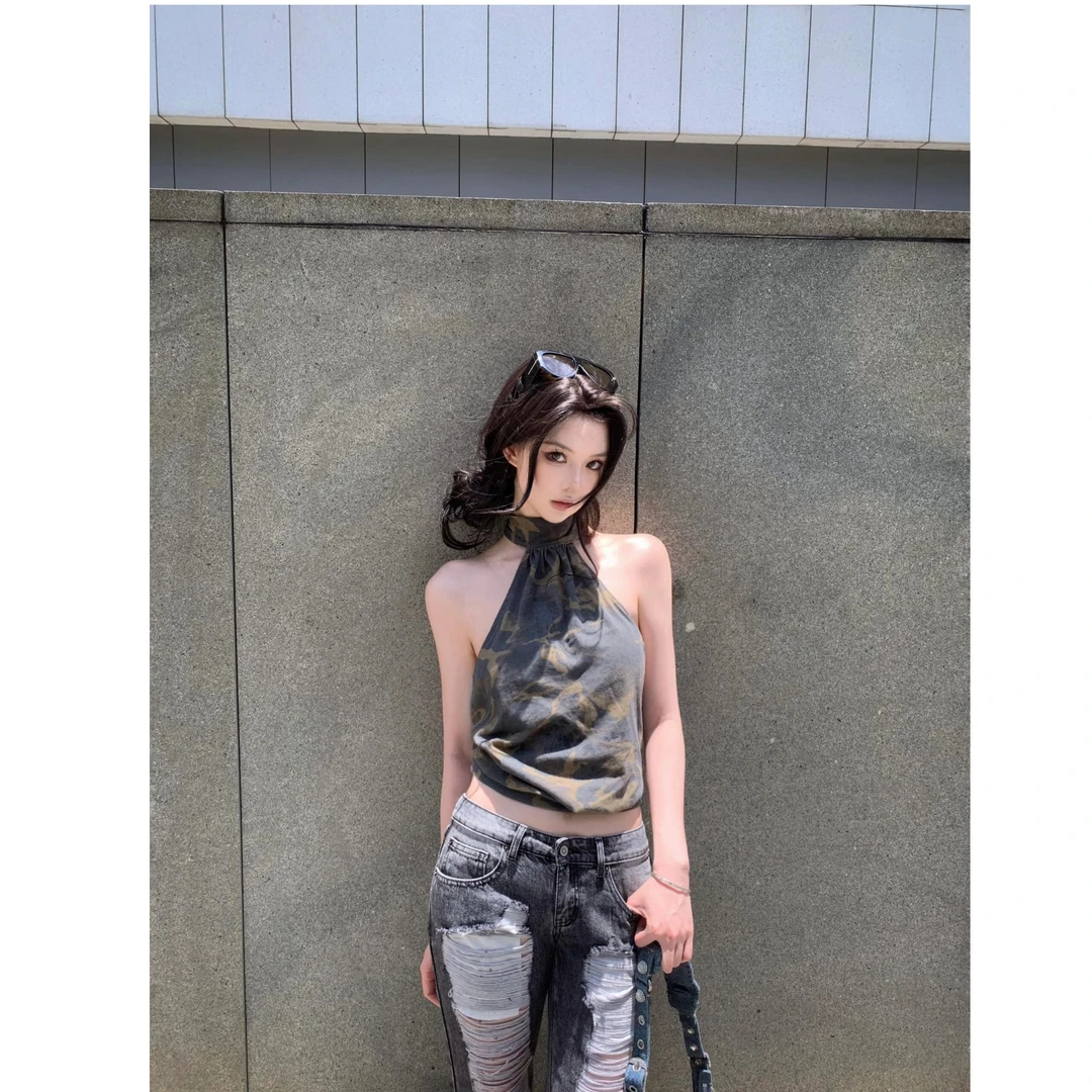 【迷彩先锋】美式短款挂脖背心吊带性感露背无袖上衣女配低腰牛仔裤