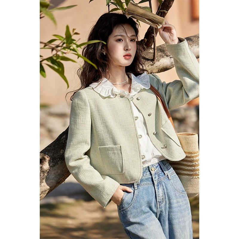 谜秀法式v领小香风外套短款小个子绿色复古外搭女设计感小众显瘦