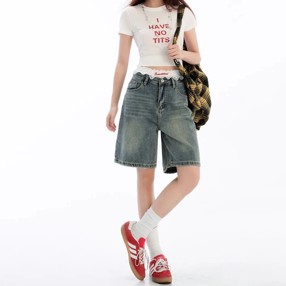 复古蓝五分牛仔短裤女2025年夏季新款高个子高腰直筒显瘦阔腿中裤