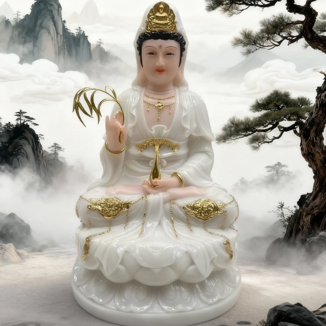 合成汉白玉彩绘观世音菩萨神像家用供奉摆件