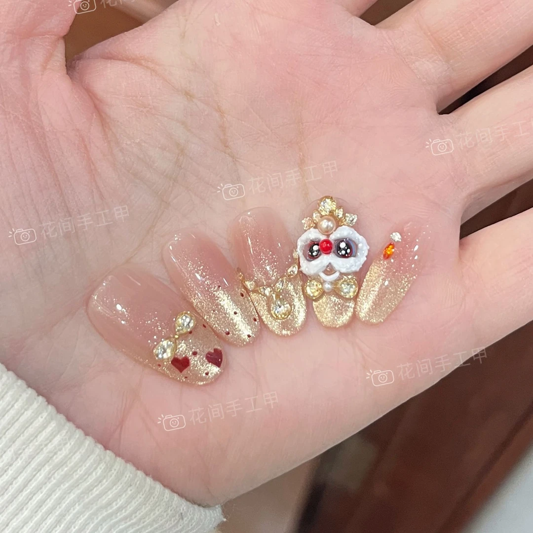 【心动醒狮】花间 新年显白金色猫眼气质显白手工穿戴甲10片