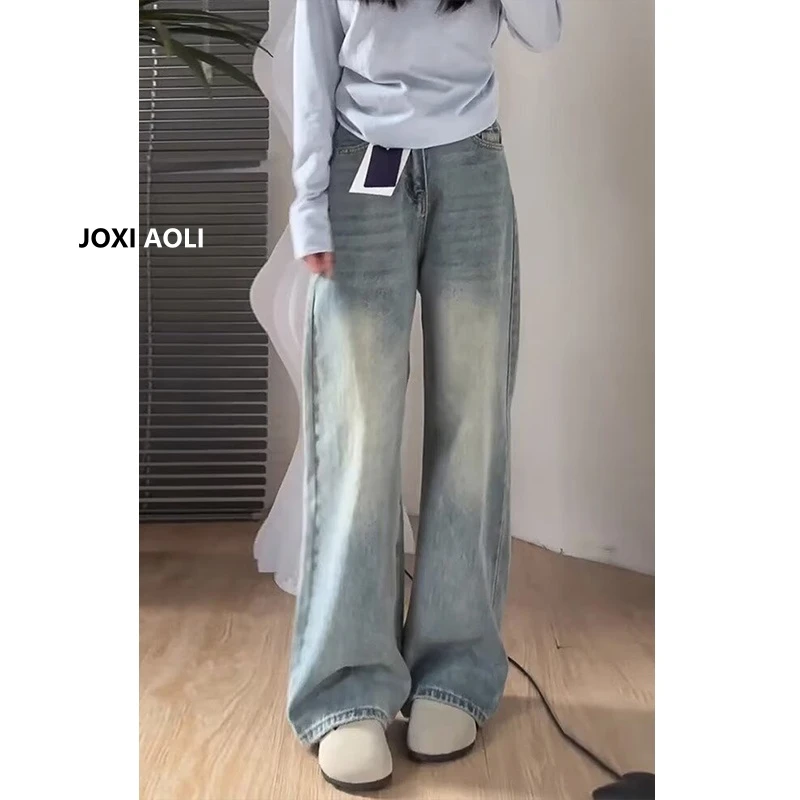 复古浅色阔腿牛仔裤女2025秋季新款复古窄版高腰宽松显瘦直筒裤子