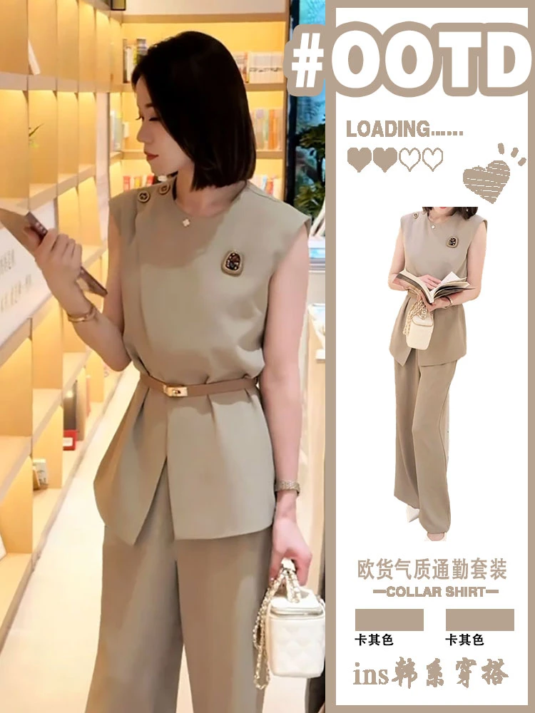 【现货】夏季新款ootd一整套巨好看的小香风亚麻上衣阔腿裤两件套装