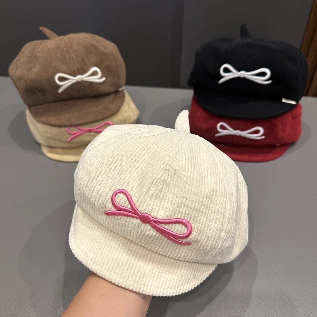 女童贝雷帽秋冬款甜美刺绣蝴蝶结保暖防风毛线帽女宝宝针织画家帽