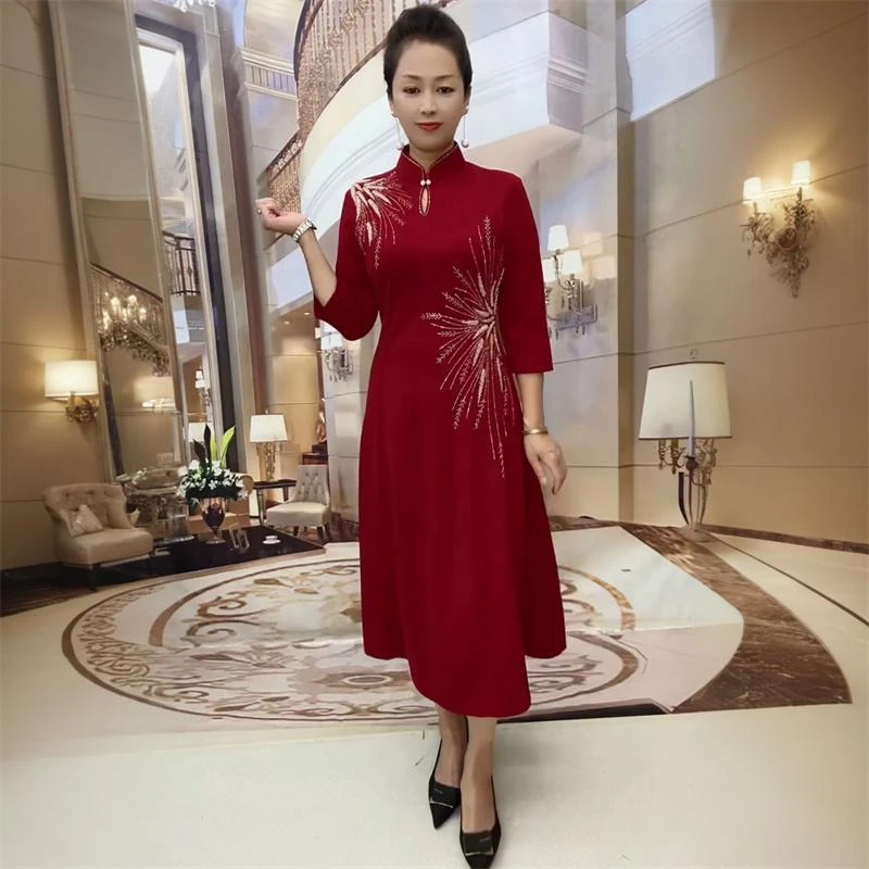 高贵妈妈婚礼中式国风旗袍连衣裙春秋七分袖喜婆婆婚宴装红色长裙