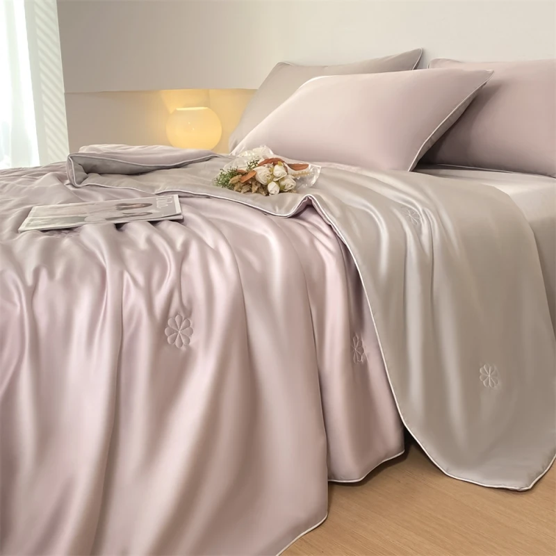 A类冰丝夏凉被四件套薄被子夏天季可机洗水洗凉感丝滑纯色空调被