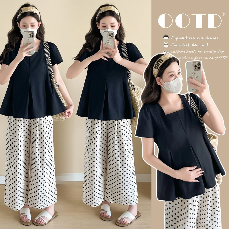【耶耶专属】孕妇套装夏季2025新款气质方领衬衫显瘦上衣休闲两件套