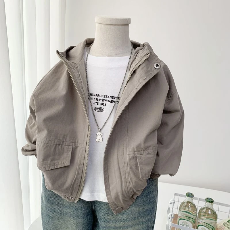 男童连帽外套春秋薄款风衣韩版儿童棉布纯色休闲上衣新款时髦开衫