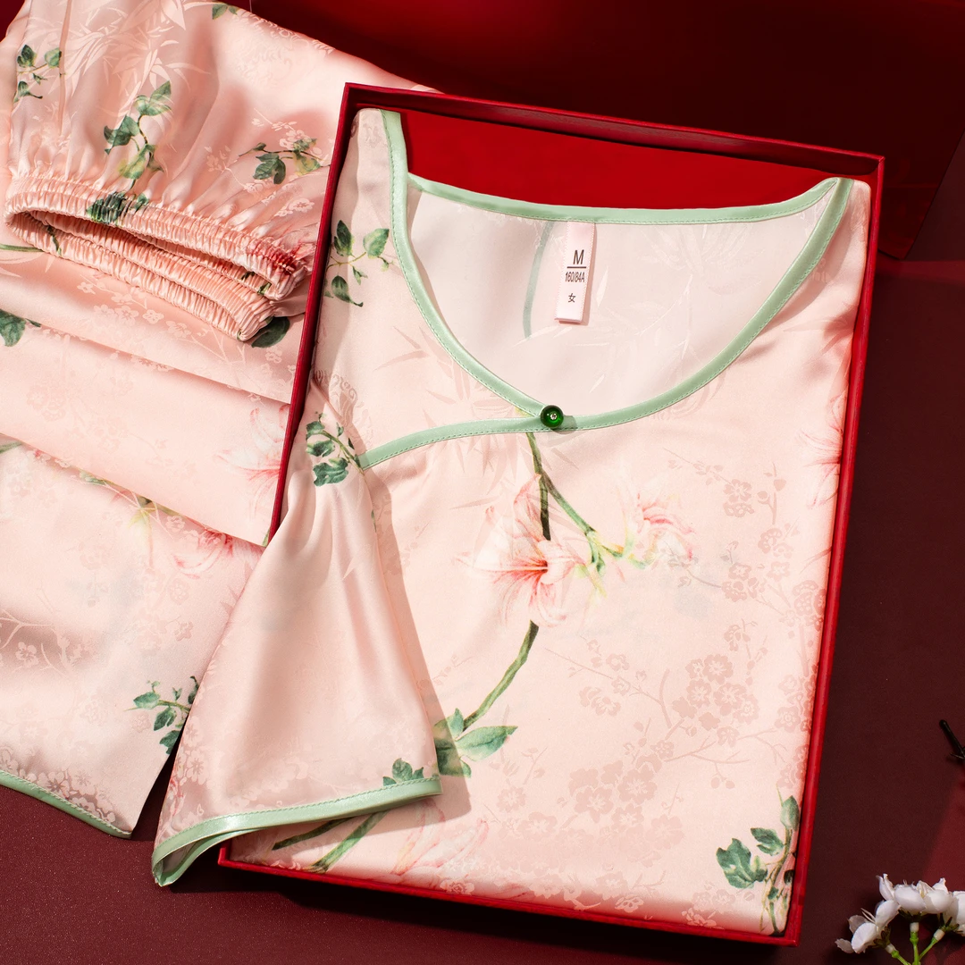 达芬奇密码新中式提花睡衣女四季可外穿家居服礼盒套装一叶知秋