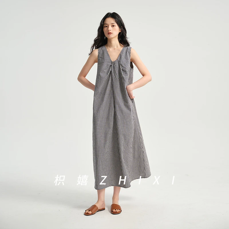 枳嬉亚麻混纺连衣裙扭结设计