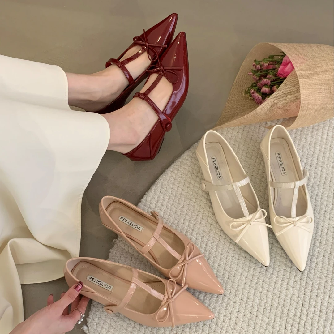 春夏尖头蝴蝶结温柔法式淑女气质仙女风粗跟玛丽珍单鞋1053-3