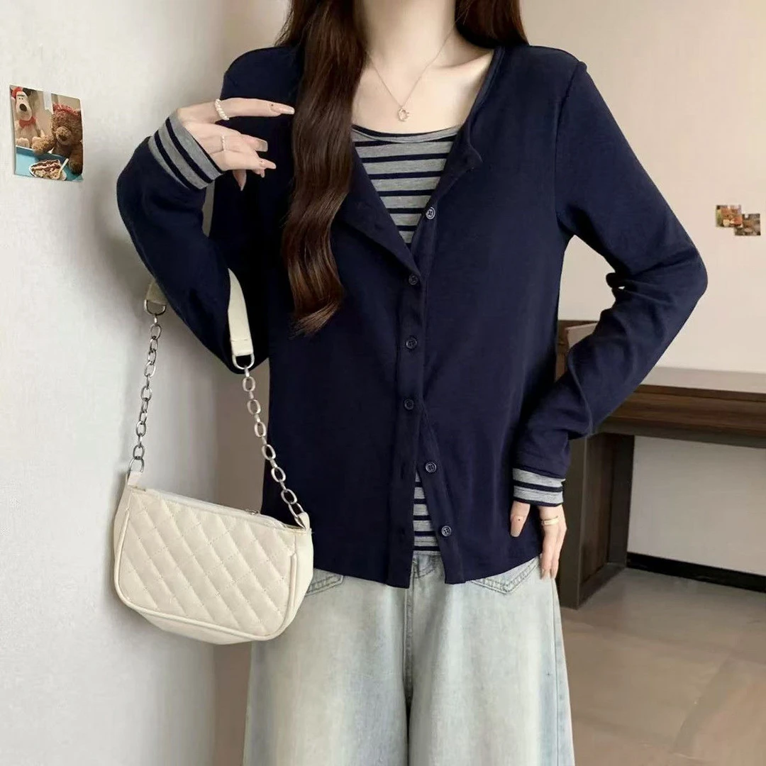 藏蓝色假两件条纹拼接长袖开衫女2025早秋季新款设计感打底衫上衣