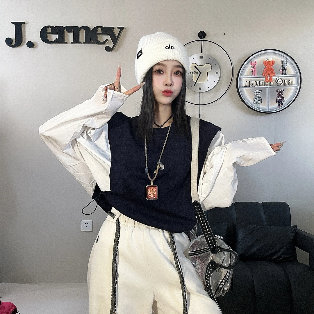 2025秋季新款韩版设计感长袖背心拼接长袖衬衫女休闲百搭显瘦上衣