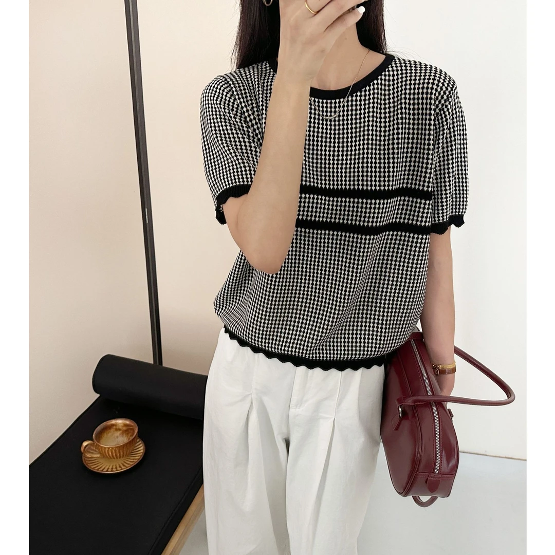 【千鸟格】圆领薄款千鸟格短款夏季毛针织衫气质宽松法式格子百搭