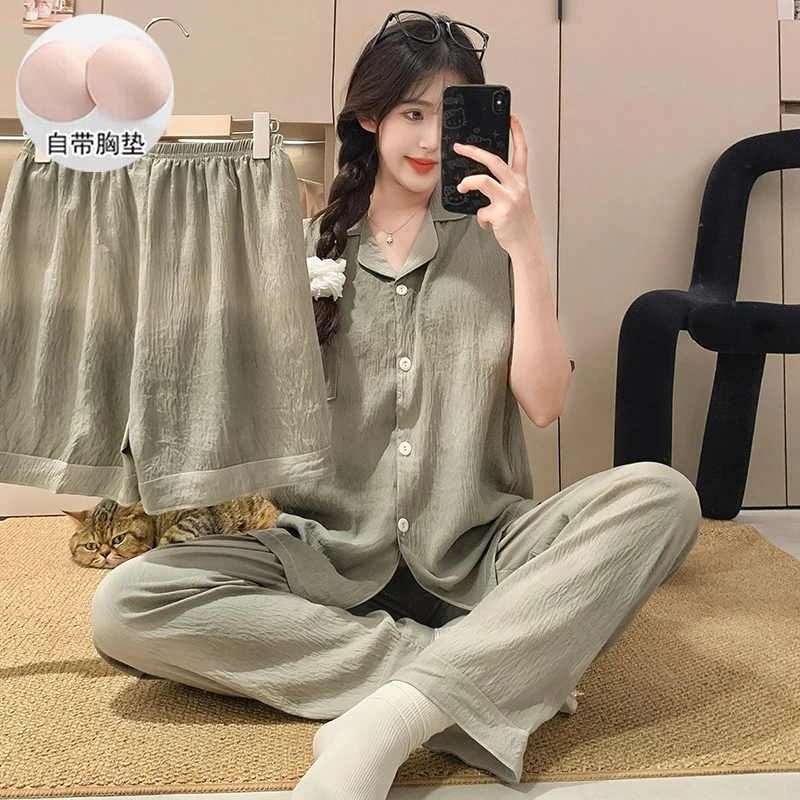 带胸垫睡衣女短袖夏季甜美少女开衫翻领三件套装新款长短裤家居服
