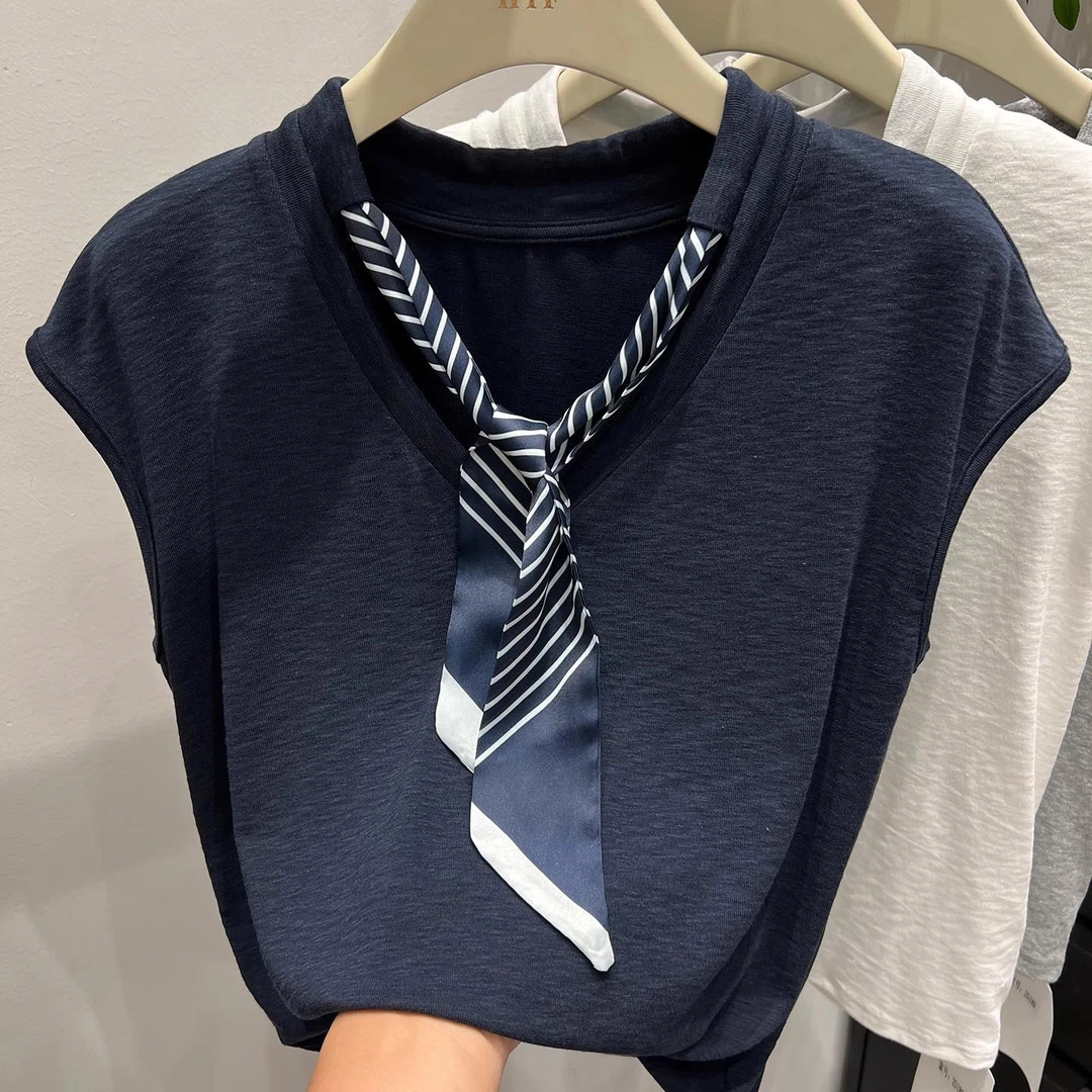 欧洲站亚麻冰丝针织衫短袖女夏季小众设计感休闲减龄丝巾穿搭上衣