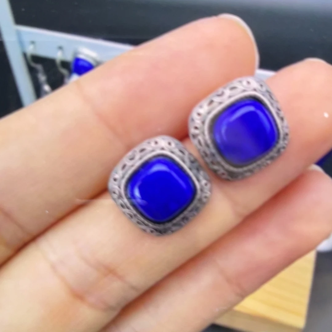 银S925镶嵌青金石青金耳饰