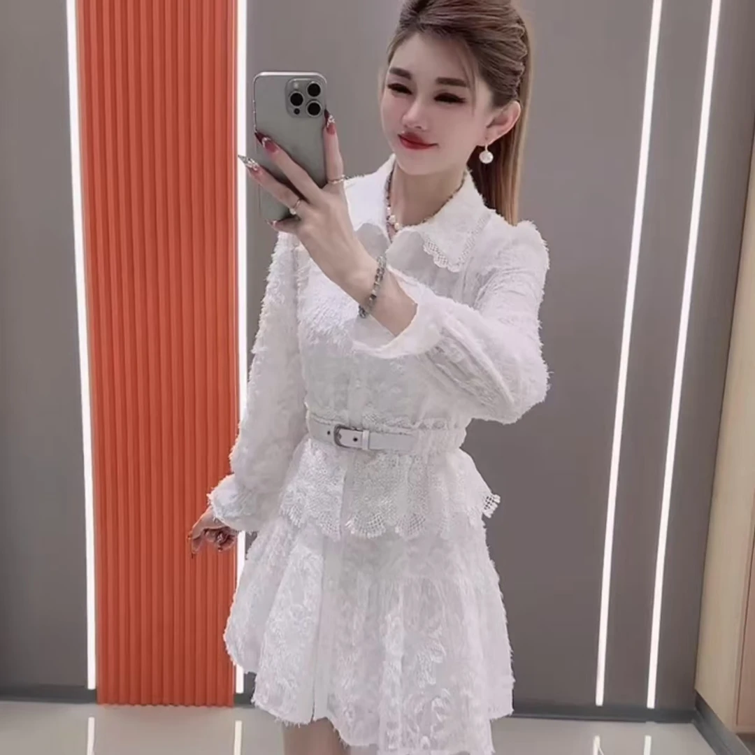 新款时尚百搭气质  哥特风蕾丝流苏翻领收腰连衣裙