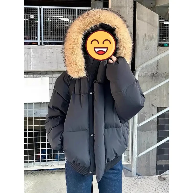 黑色大毛领连帽棉服男款冬季美式短款加厚保暖外套高级感情侣棉衣